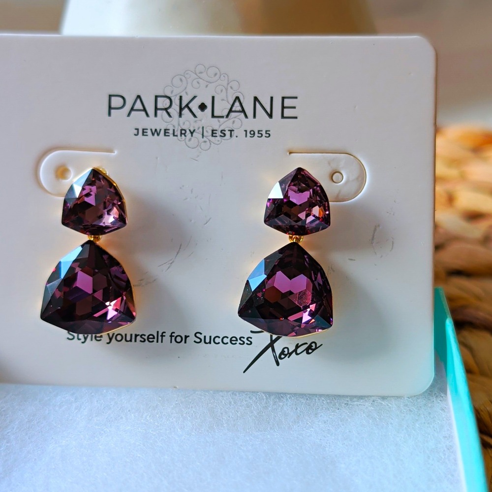 Park Lane Purple Trillion Crystal Drop Stud Earrings Gold Tone Butterfly Back